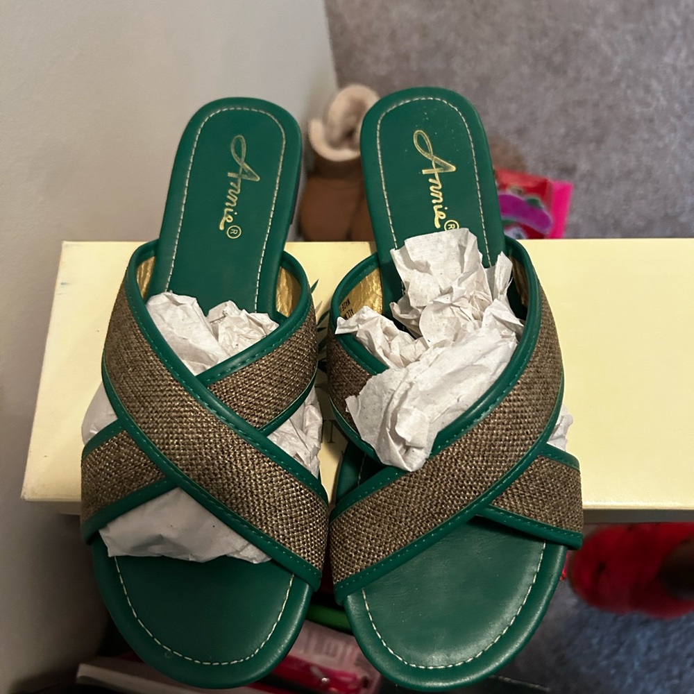 Annie Green Sandals with Intricate Straps and Decorative Element